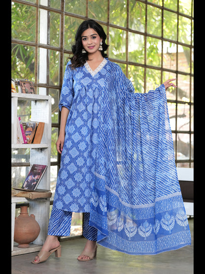 Blue Alia Cut Printed Cotton Kurta Bottom With Dupatta