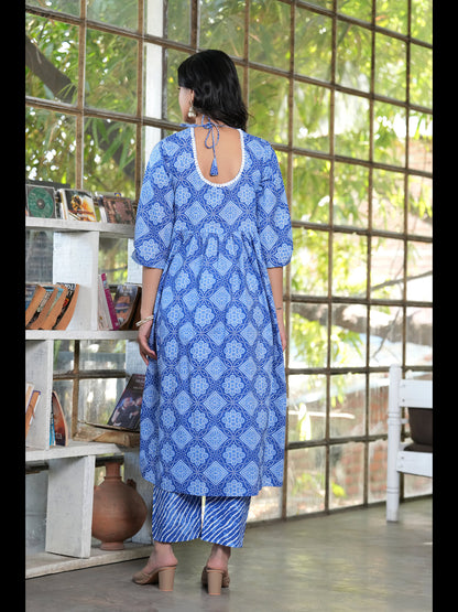 Blue Alia Cut Printed Cotton Kurta Bottom With Dupatta
