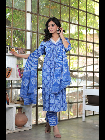 Blue Alia Cut Printed Cotton Kurta Bottom With Dupatta