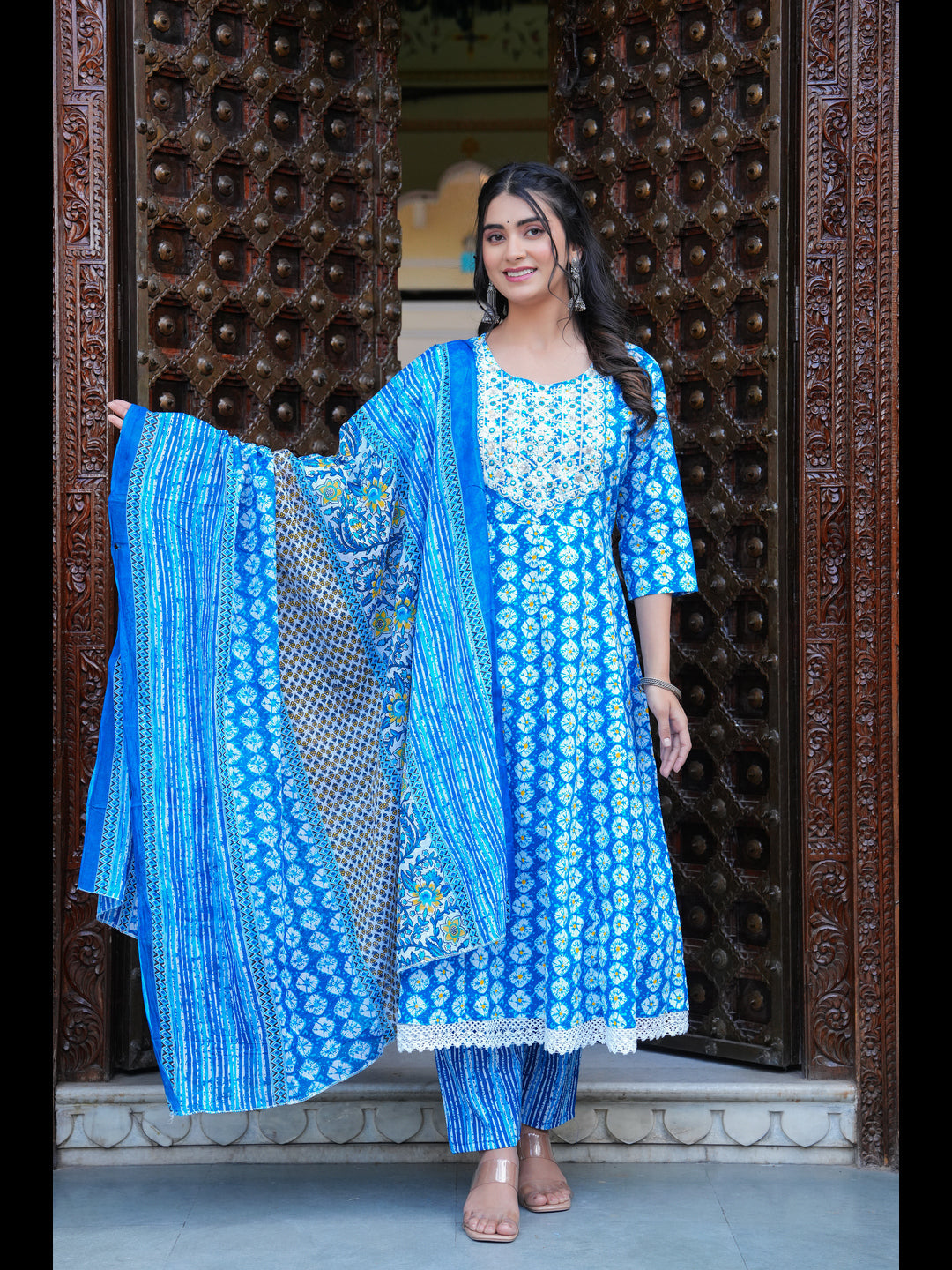 Blue Printed Anarkali Pure Cotton Kurta With Pant And Dupatta