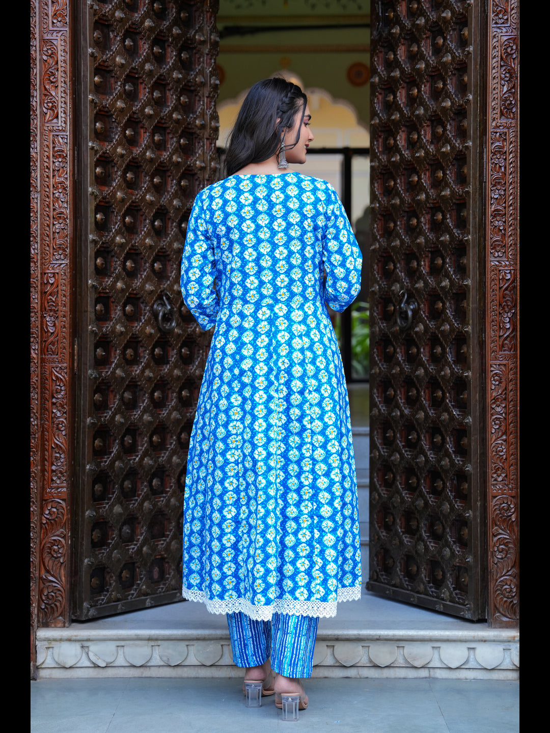Blue Printed Anarkali Pure Cotton Kurta With Pant And Dupatta