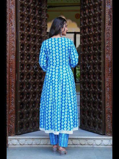 Blue Printed Anarkali Pure Cotton Kurta With Pant And Dupatta