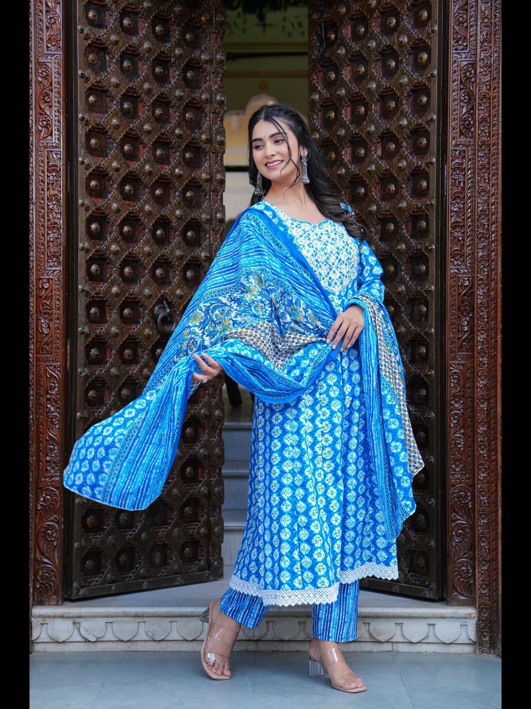 Blue Printed Anarkali Pure Cotton Kurta With Pant And Dupatta