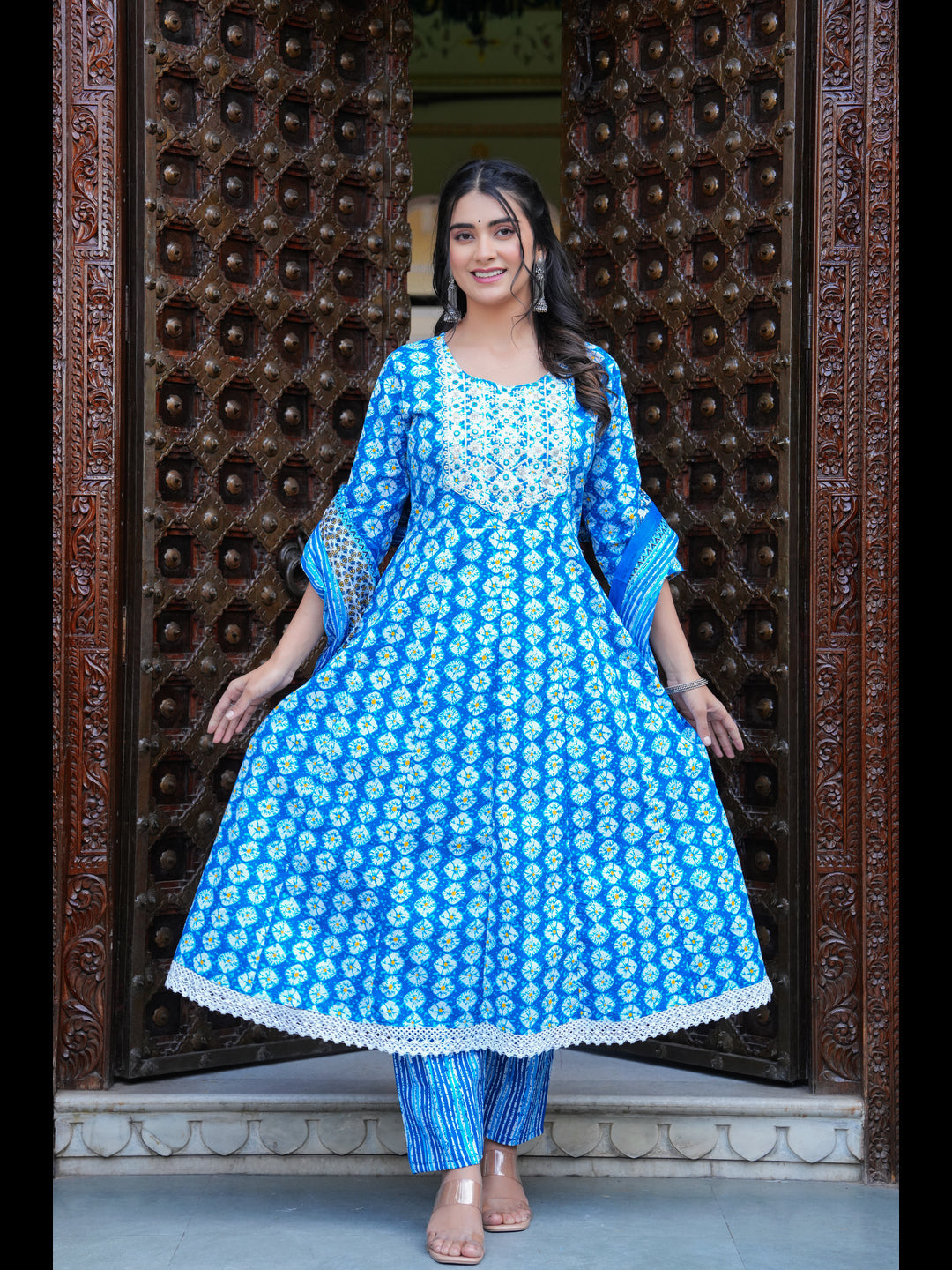 Blue Printed Anarkali Pure Cotton Kurta With Pant And Dupatta