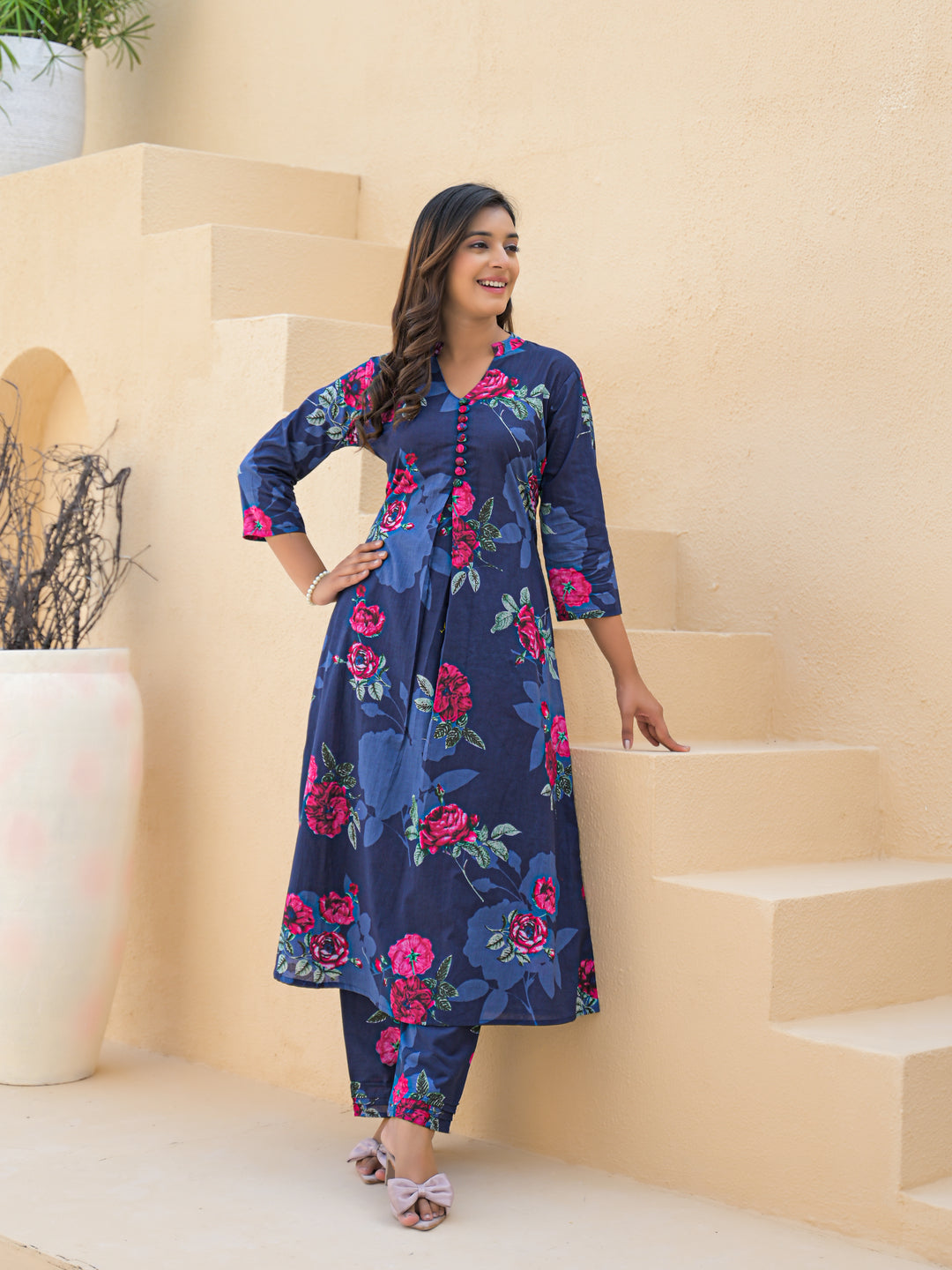 Blue Aline Cotton Printed Kurta With Pant