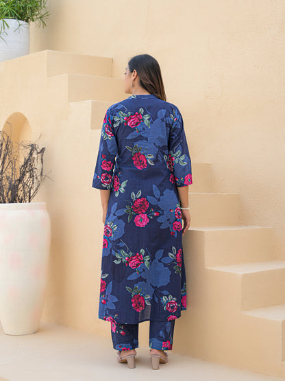 Blue Aline Cotton Printed Kurta With Pant