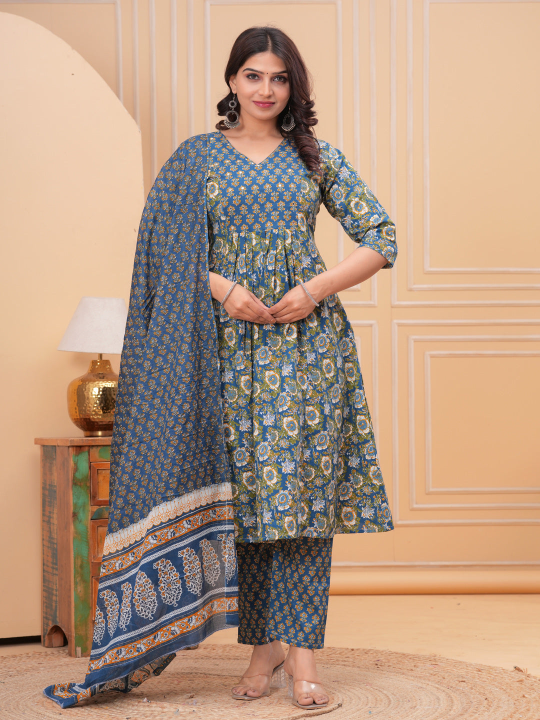 Blue Aline Cotton Printed Kurta With Pant And Dupatta