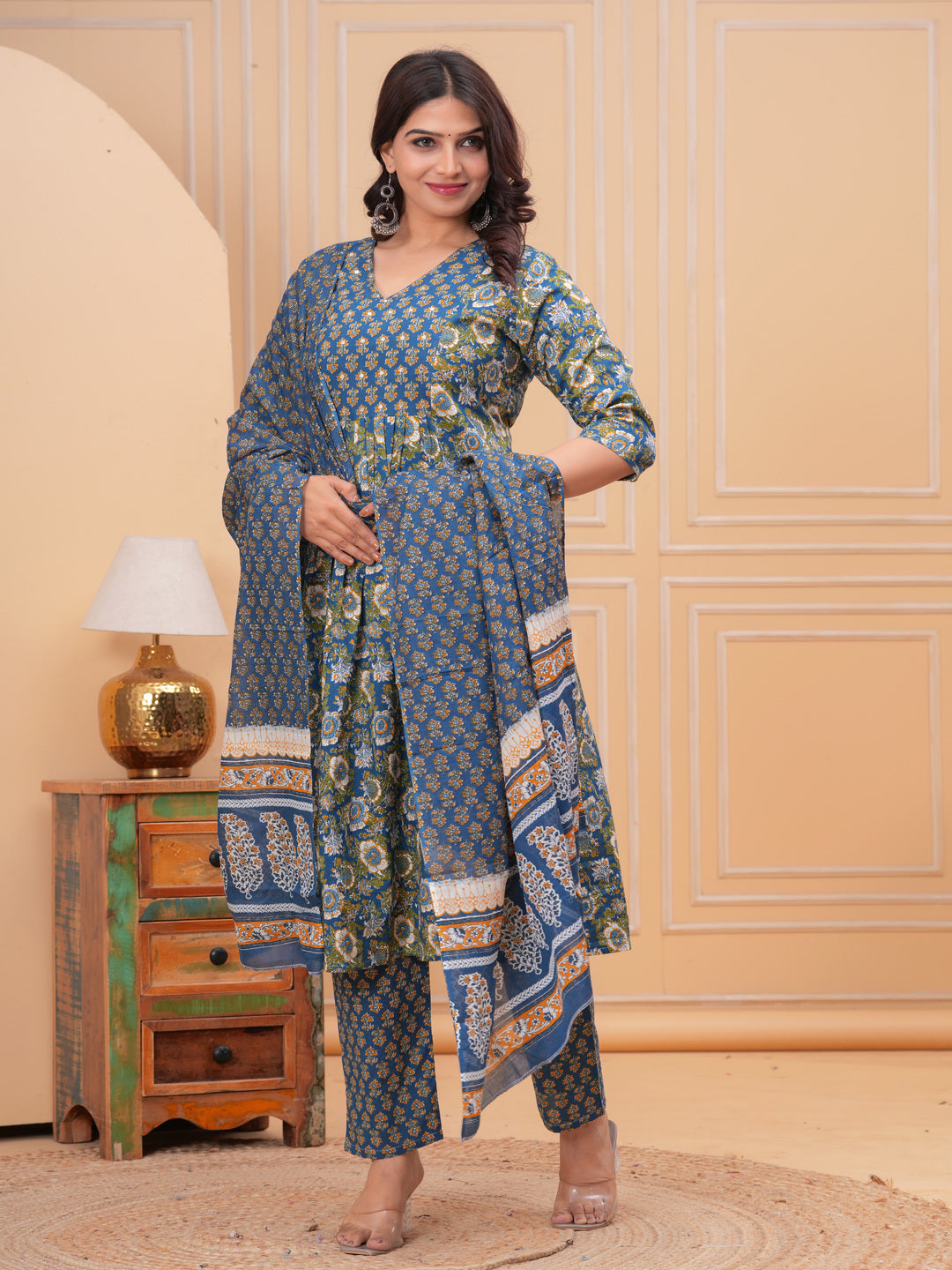 Blue Aline Cotton Printed Kurta With Pant And Dupatta
