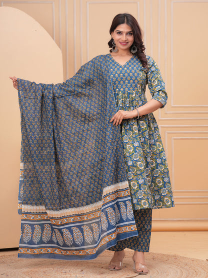 Blue Aline Cotton Printed Kurta With Pant And Dupatta