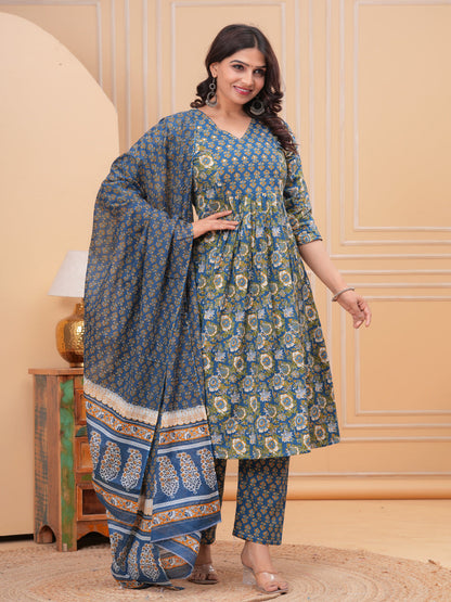 Blue Aline Cotton Printed Kurta With Pant And Dupatta