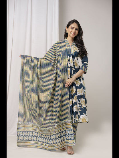 Blue Printed Cotton A-Line Kurta With Pant And Dupatta
