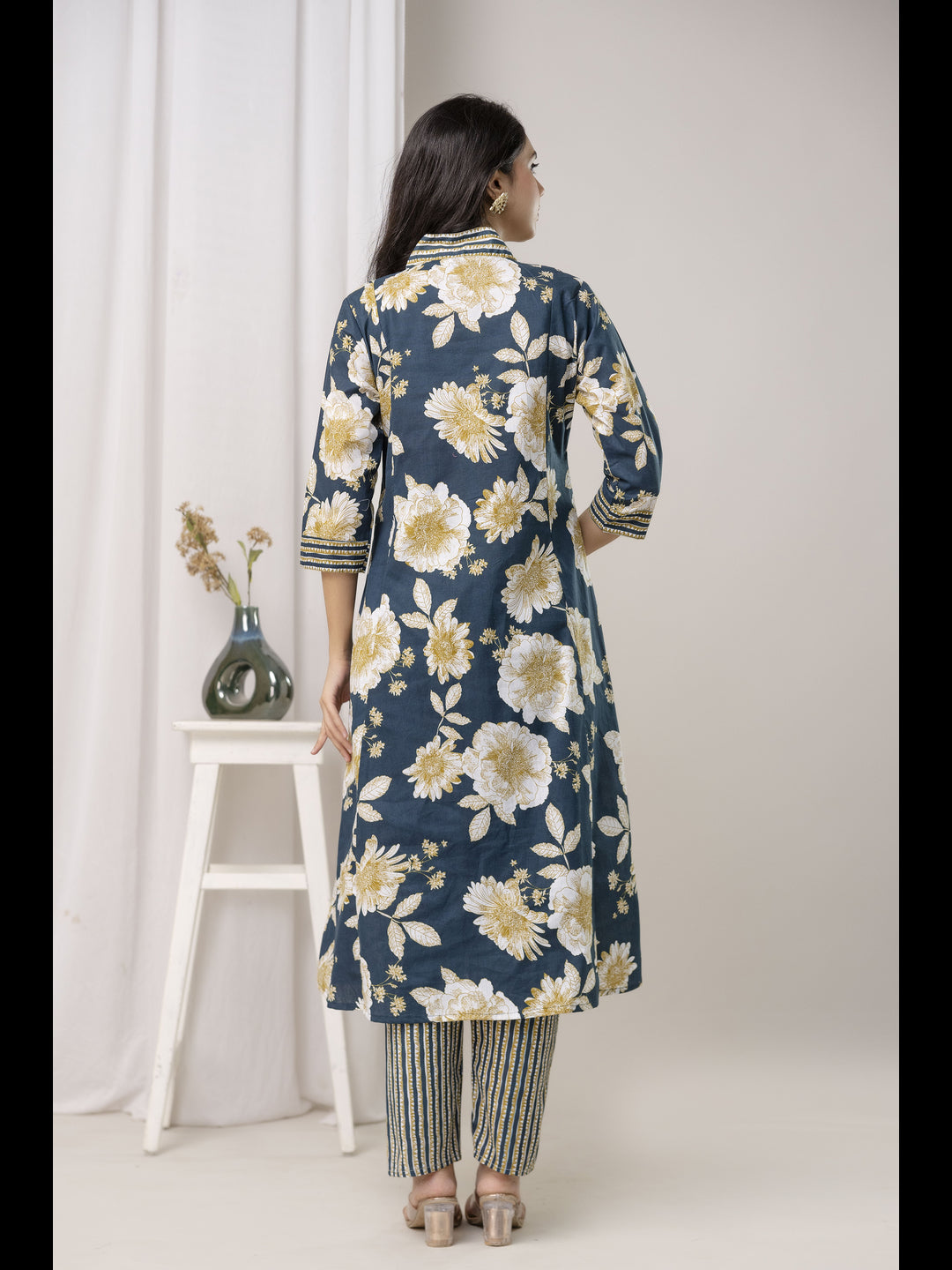 Blue Printed Cotton A-Line Kurta With Pant And Dupatta