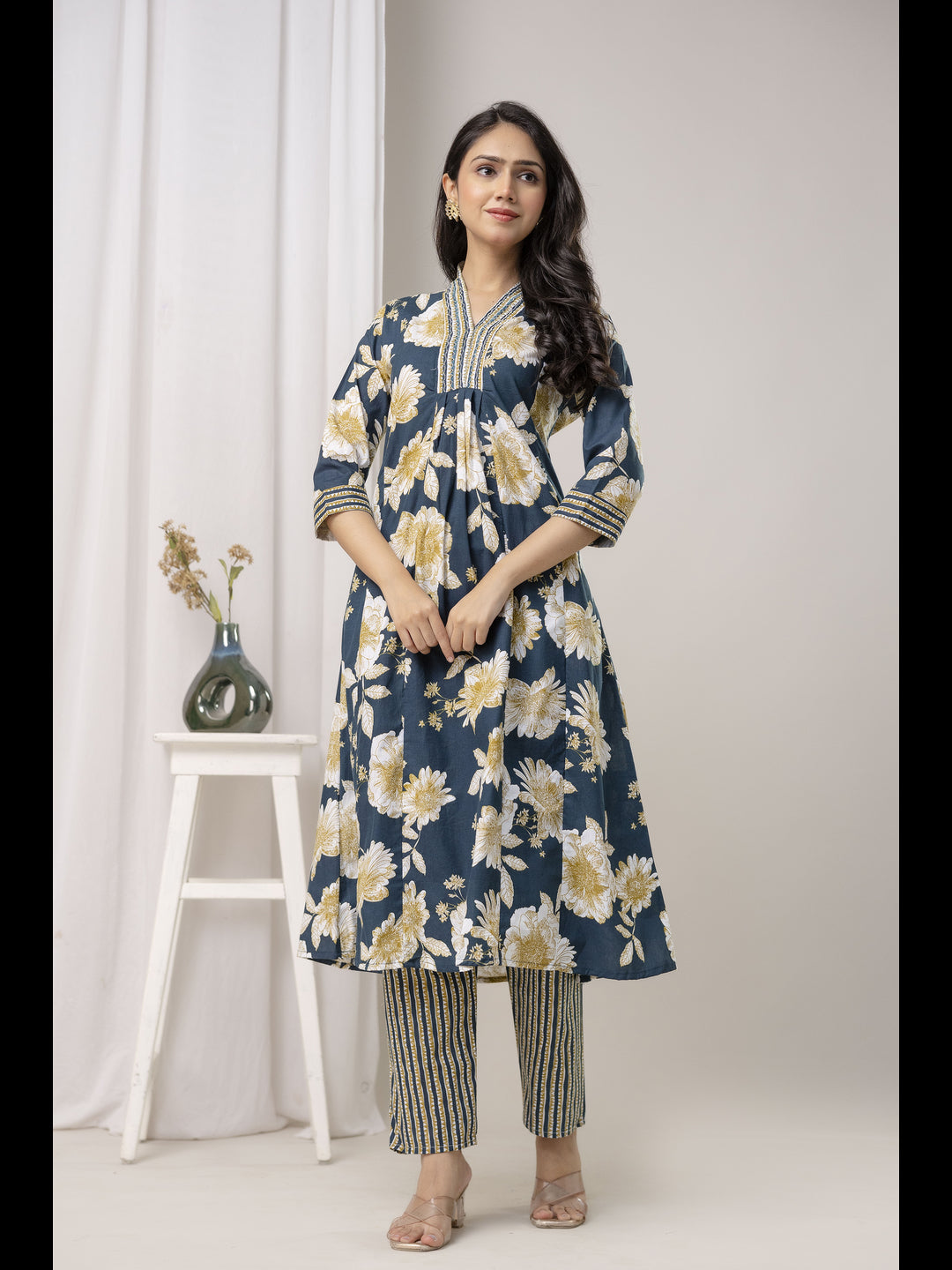 Blue Printed Cotton A-Line Kurta With Pant And Dupatta