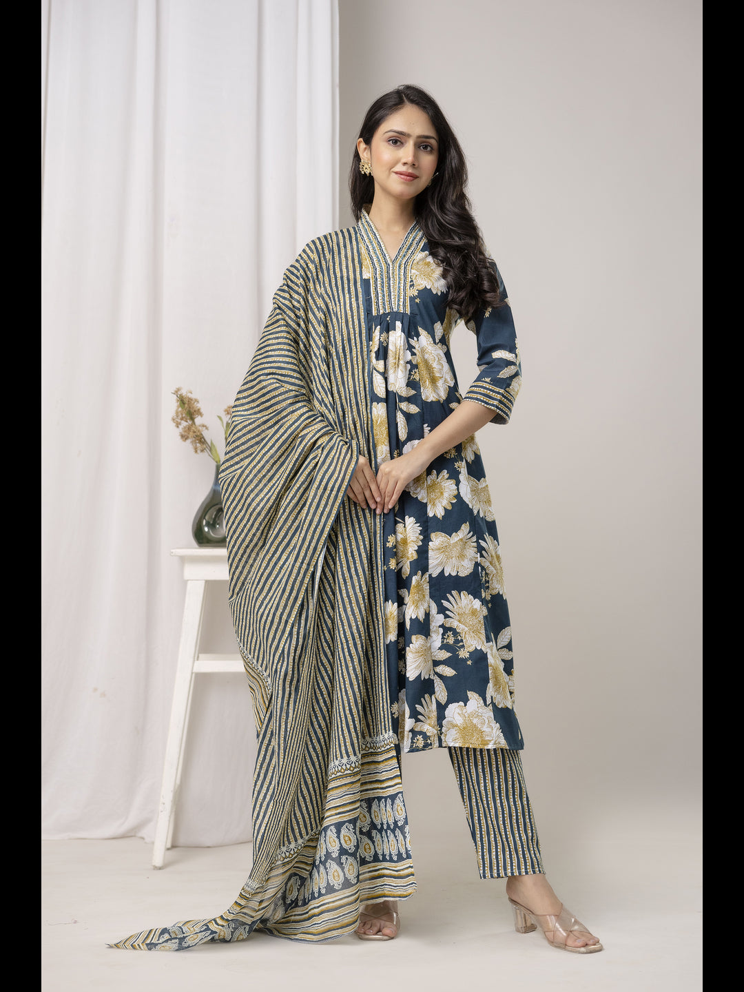 Blue Printed Cotton A-Line Kurta With Pant And Dupatta