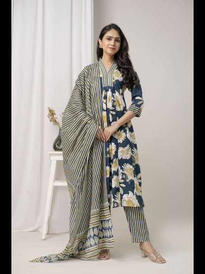 Blue Printed Cotton A-Line Kurta With Pant And Dupatta