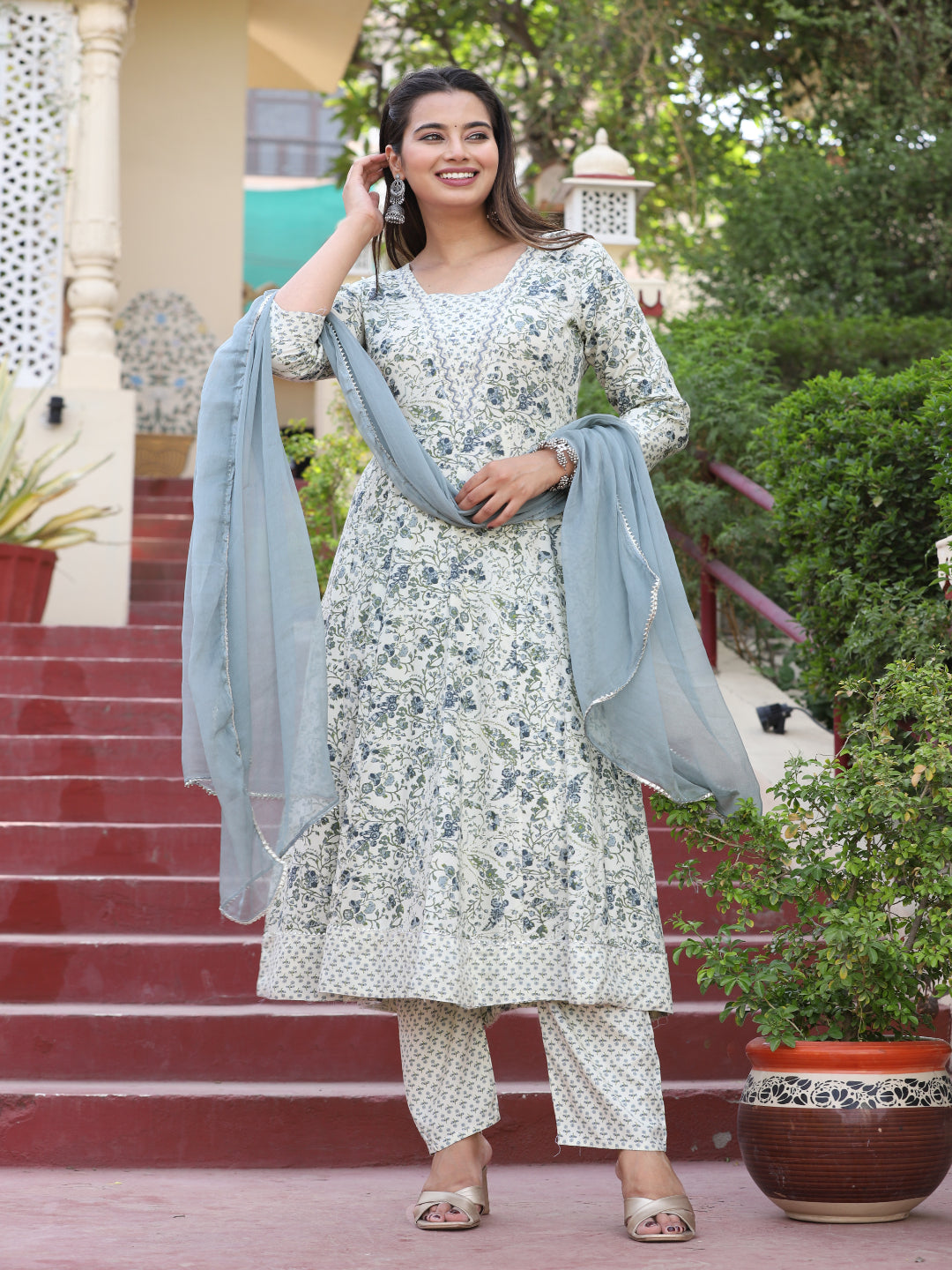 Multi Anarkali Rayon Printed Kurta With Pant And Dupatta