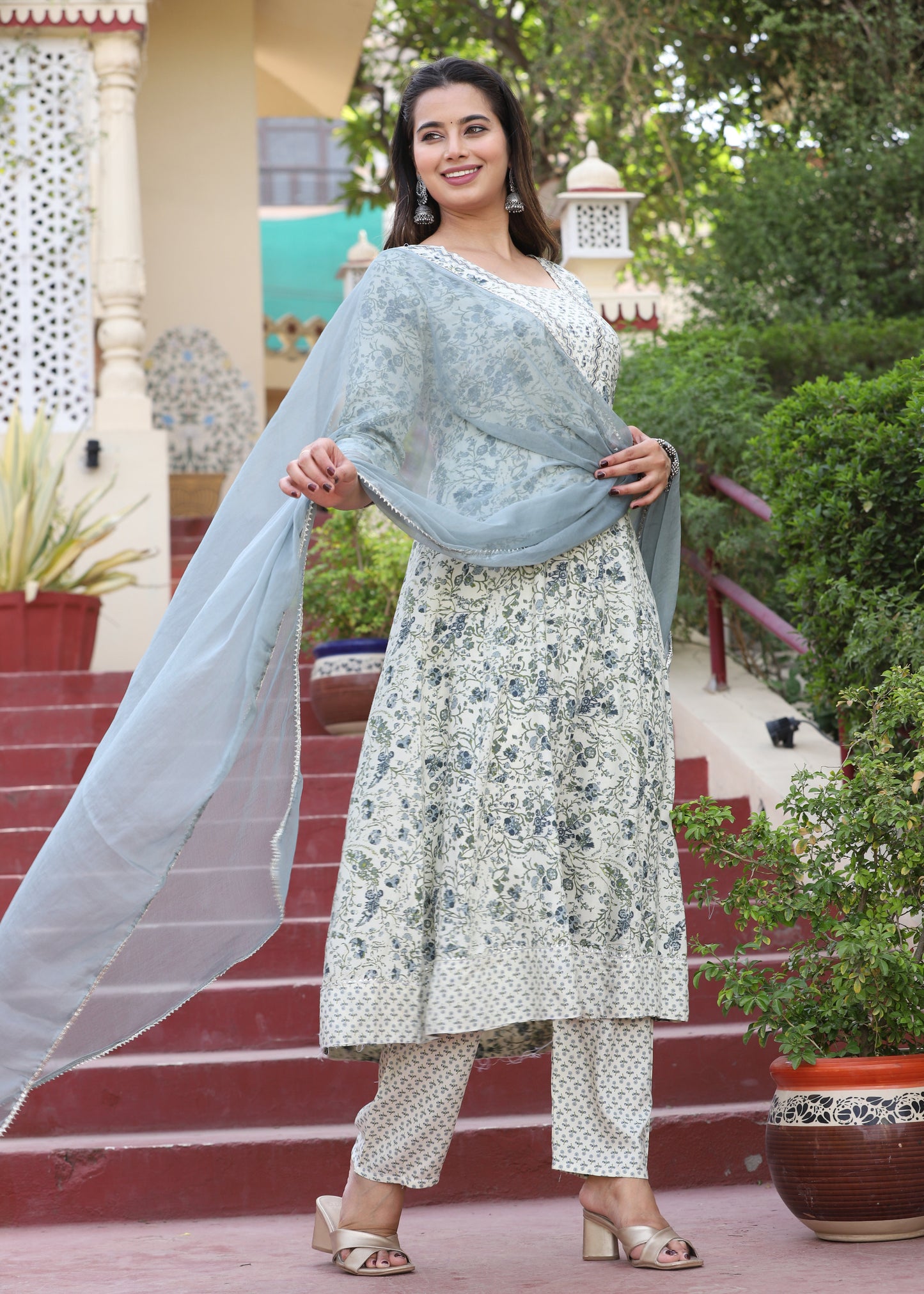 Multi Anarkali Rayon Printed Kurta With Pant And Dupatta