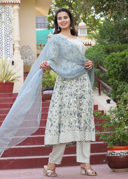 Multi Anarkali Rayon Printed Kurta With Pant And Dupatta