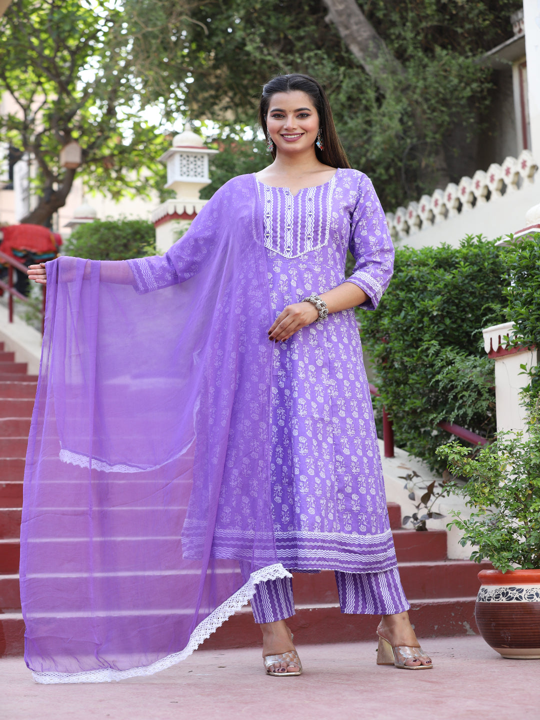 Blue Anarkali Cotton Printed Embroidered Kurta With Pant Dupatta