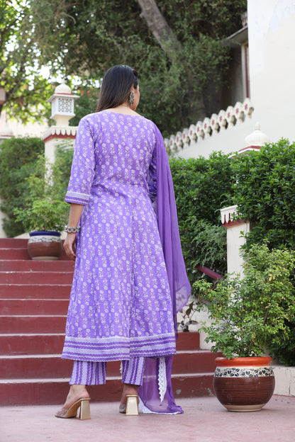 Blue Anarkali Cotton Printed Embroidered Kurta With Pant Dupatta