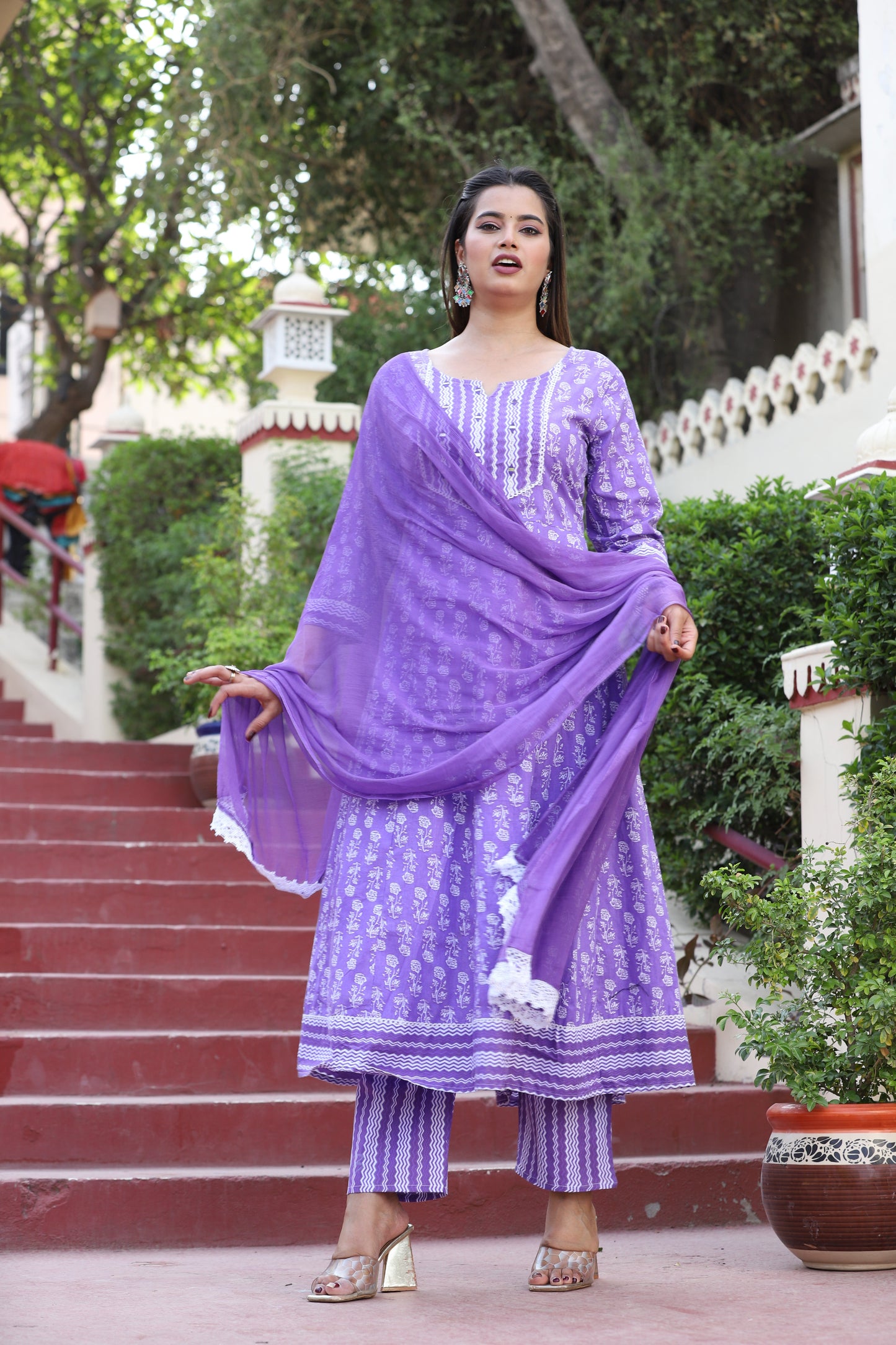 Blue Anarkali Cotton Printed Embroidered Kurta With Pant Dupatta