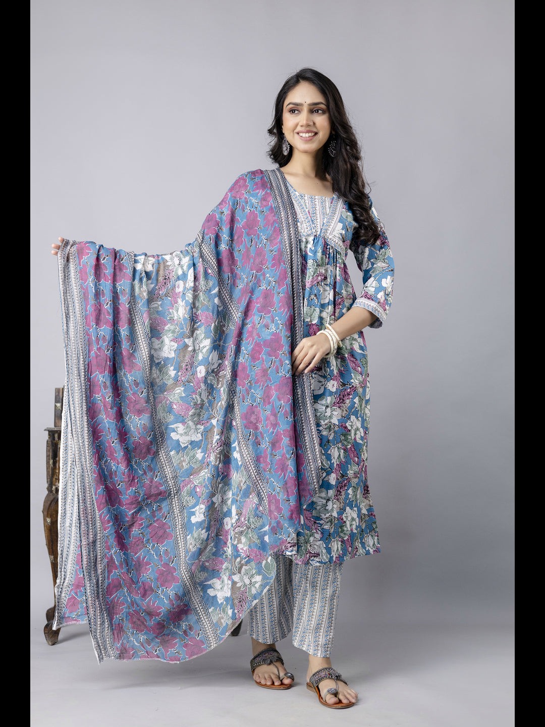 Blue Alia Cut Cotton Printed Kurta With Pant And Dupatta