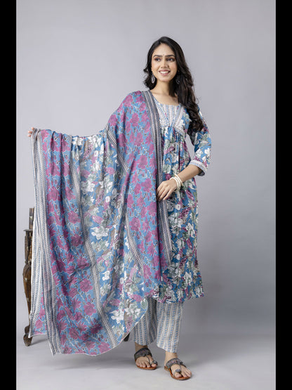 Blue Alia Cut Cotton Printed Kurta With Pant And Dupatta