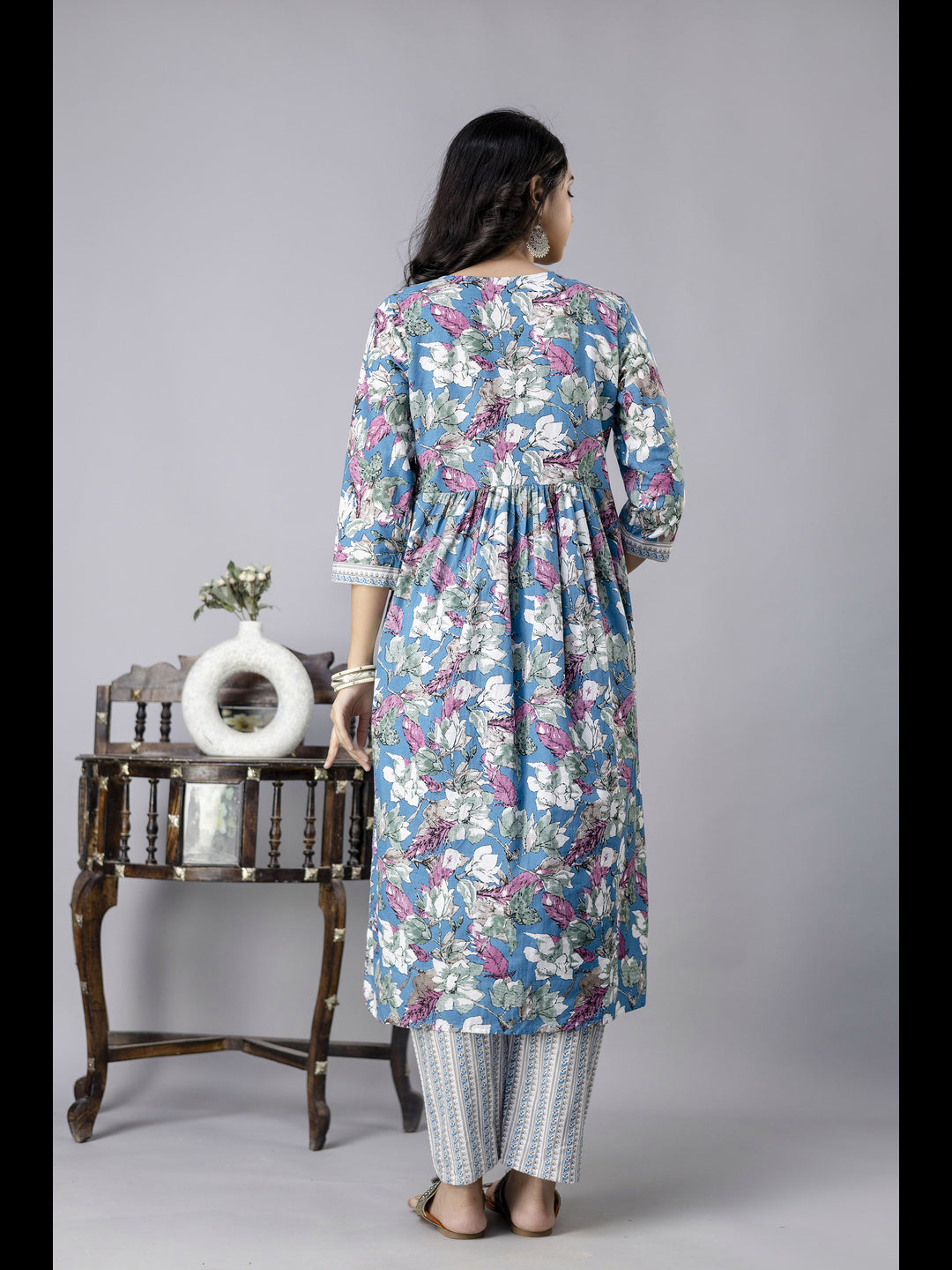 Blue Alia Cut Cotton Printed Kurta With Pant And Dupatta