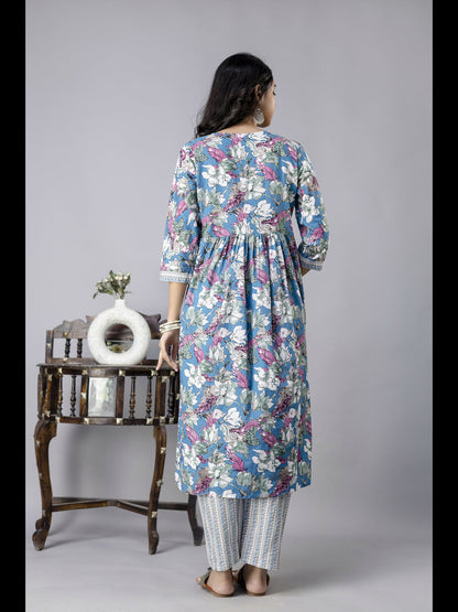 Blue Alia Cut Cotton Printed Kurta With Pant And Dupatta
