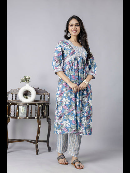 Blue Alia Cut Cotton Printed Kurta With Pant And Dupatta