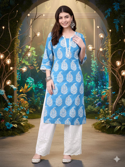 Blue Straight Cotton Printed Kurta For Women
