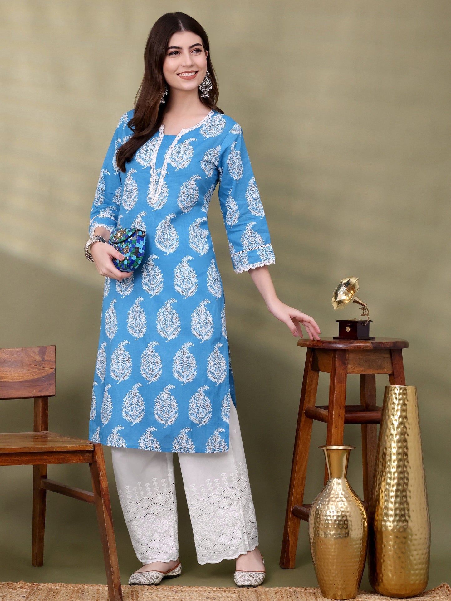 Blue Straight Cotton Printed Kurta For Women