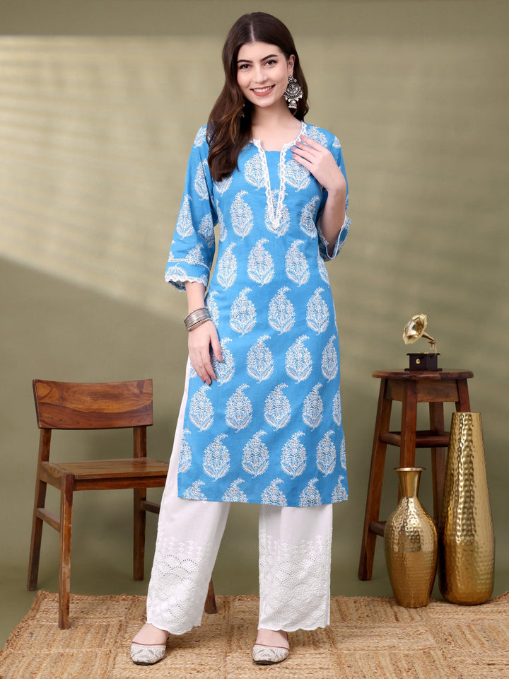 Blue Straight Cotton Printed Kurta For Women
