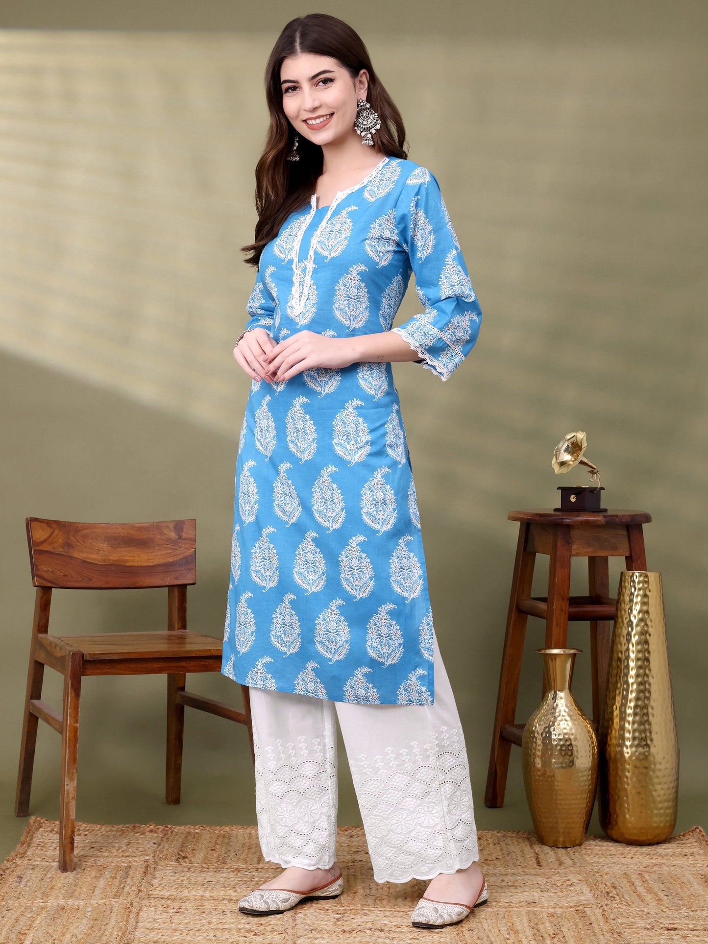 Blue Straight Cotton Printed Kurta For Women