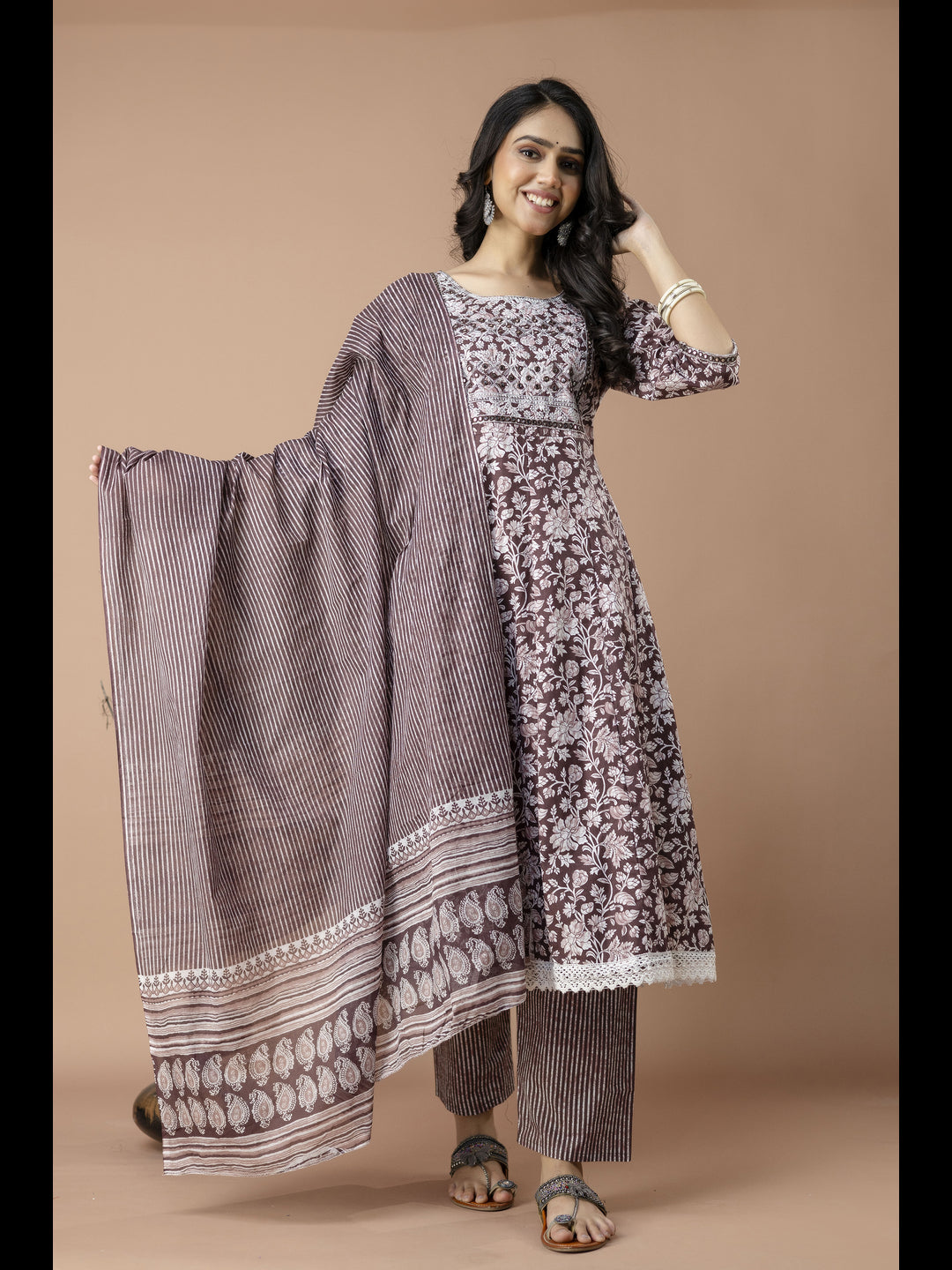 Brown Printed Cotton Anarkali Kurta With Pant And Dupatta