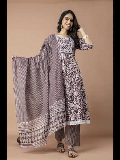 Brown Printed Cotton Anarkali Kurta With Pant And Dupatta