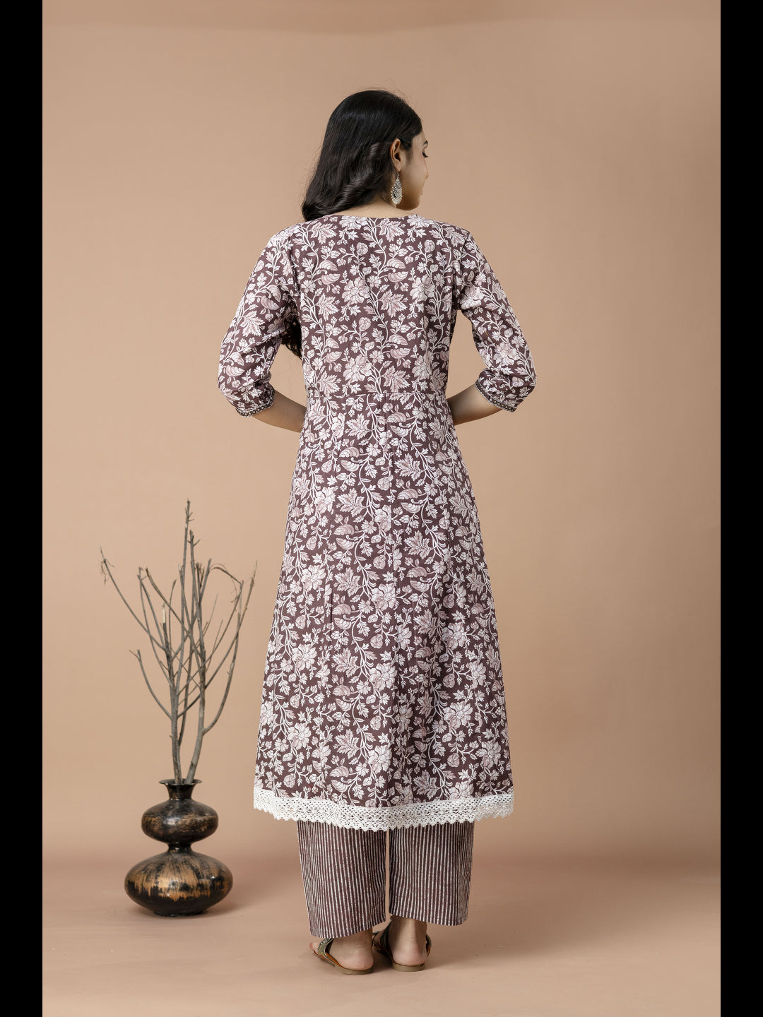 Brown Printed Cotton Anarkali Kurta With Pant And Dupatta