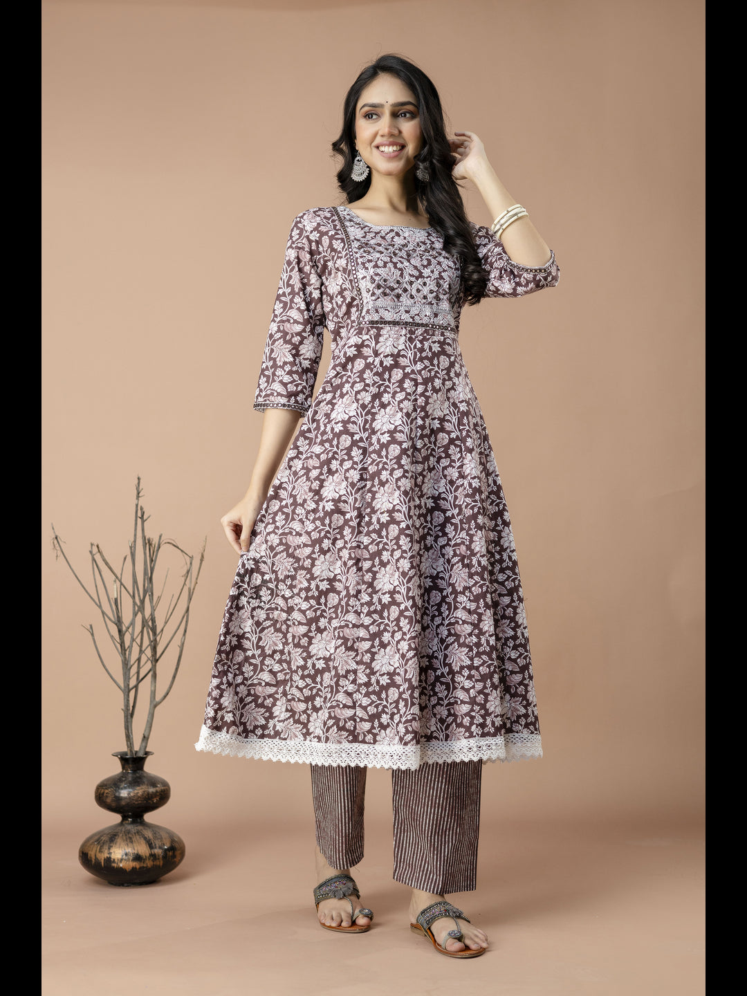 Brown Printed Cotton Anarkali Kurta With Pant And Dupatta