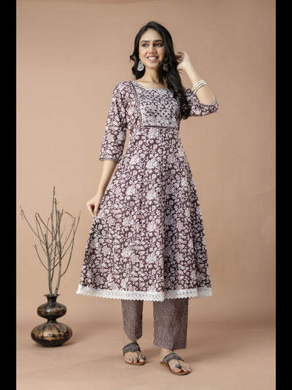 Brown Printed Cotton Anarkali Kurta With Pant And Dupatta