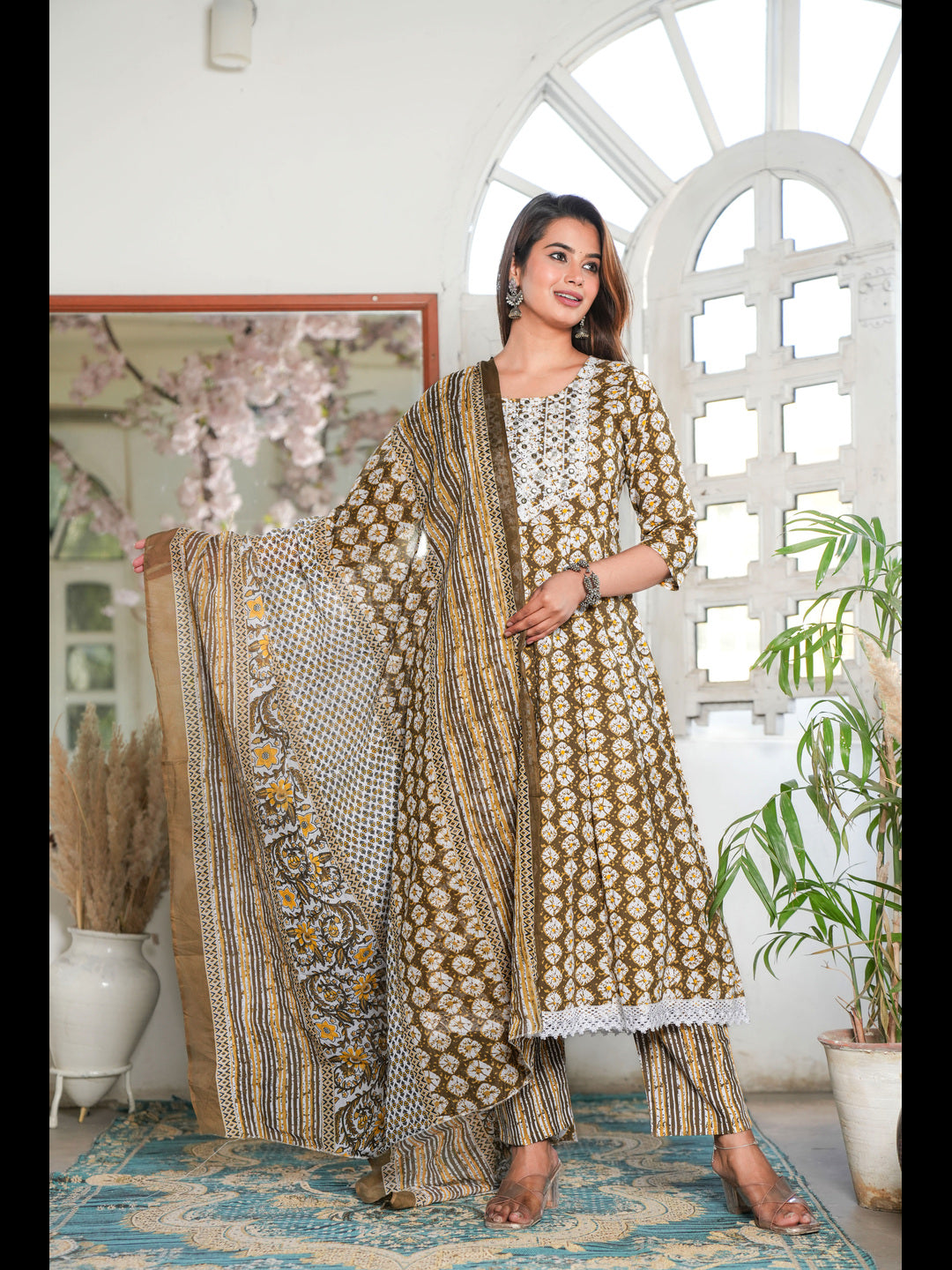 Brown Printed Anarkali Cotton Kurta Bottom With Dupatta
