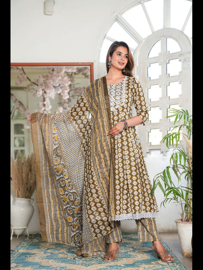Brown Printed Anarkali Cotton Kurta Bottom With Dupatta