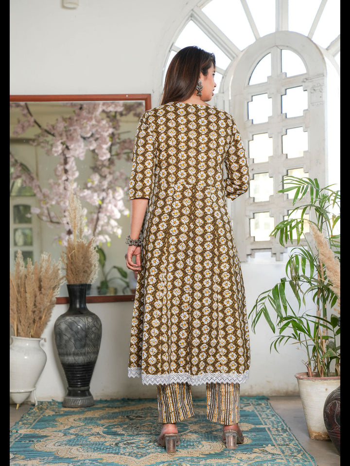 Brown Printed Anarkali Cotton Kurta Bottom With Dupatta
