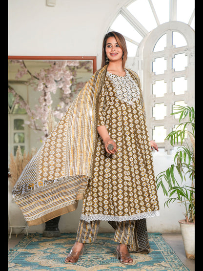 Brown Printed Anarkali Cotton Kurta Bottom With Dupatta