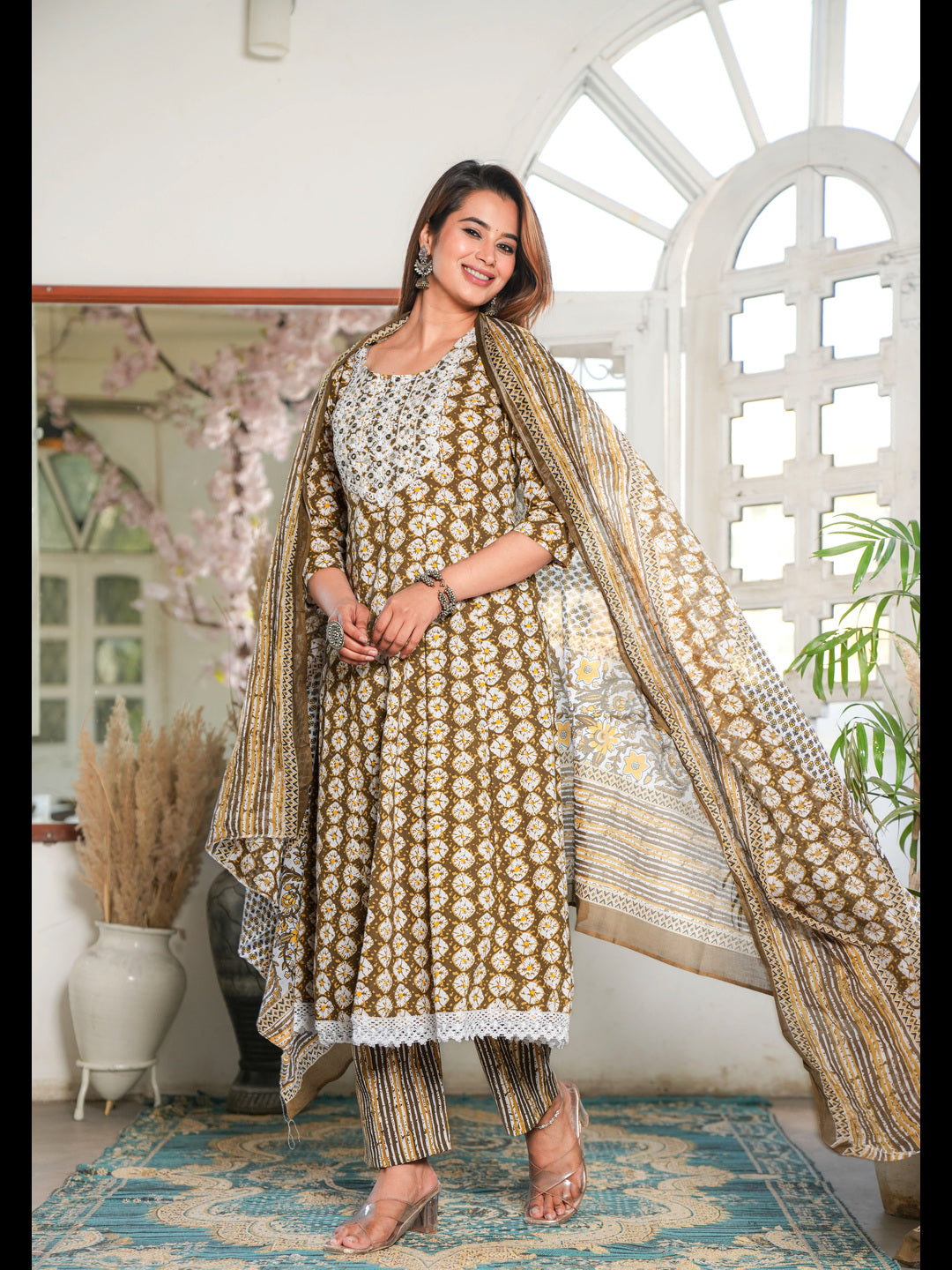 Brown Printed Anarkali Cotton Kurta Bottom With Dupatta