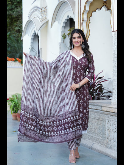 Brown Printed Straight Pure Cotton Kurta With Pant And Dupatta