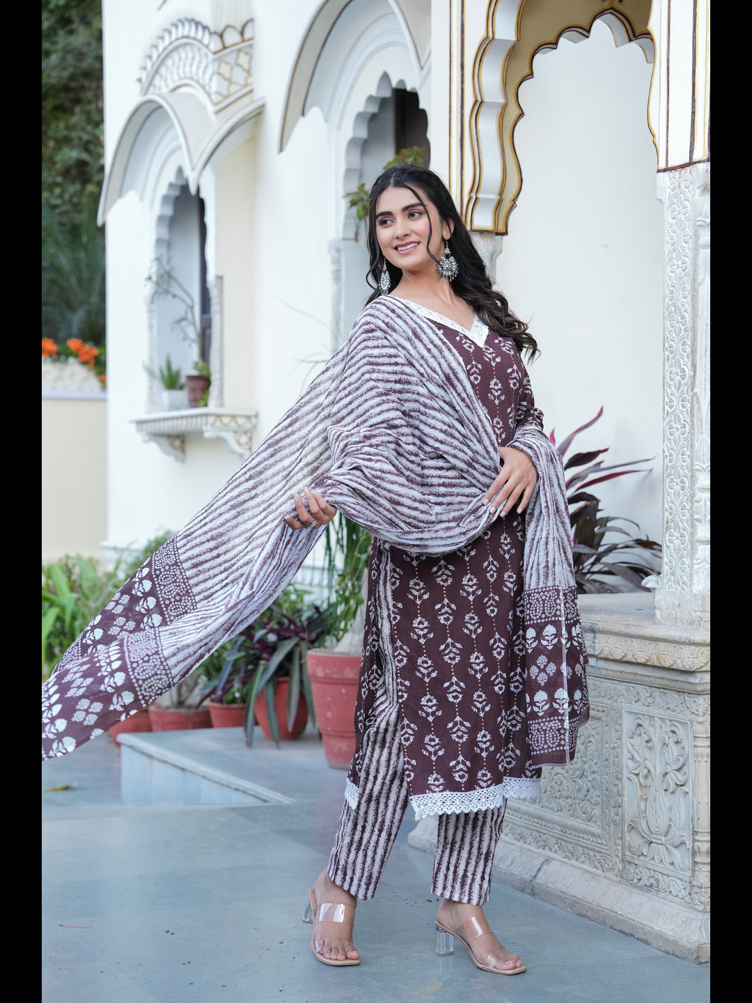 Brown Printed Straight Pure Cotton Kurta With Pant And Dupatta