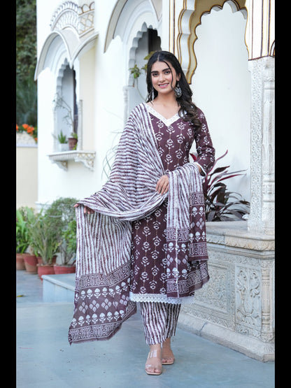 Brown Printed Straight Pure Cotton Kurta With Pant And Dupatta