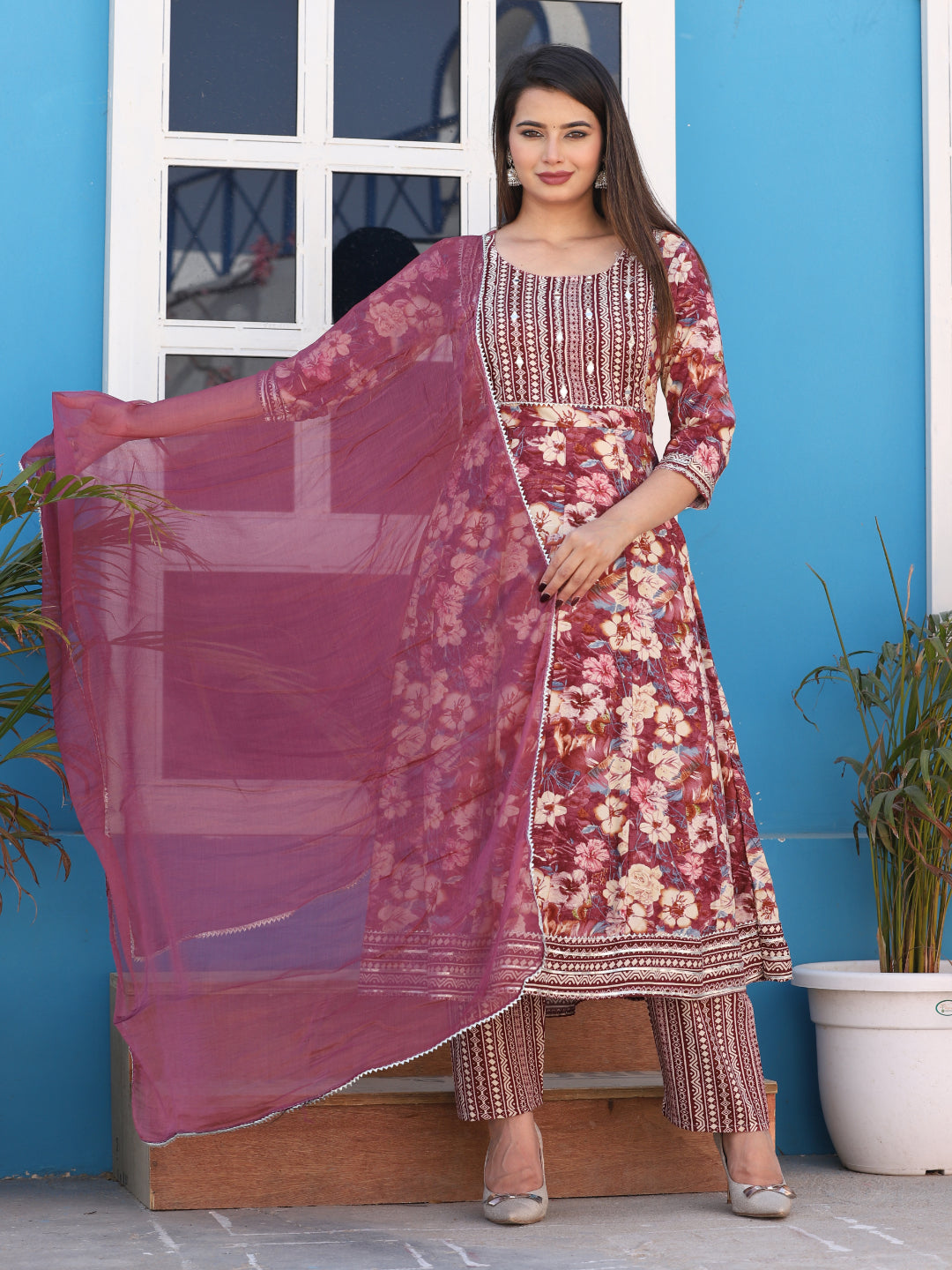 Brown Anarkali Rayon Printd Embroiderd Kurta With Pant And Dupatta