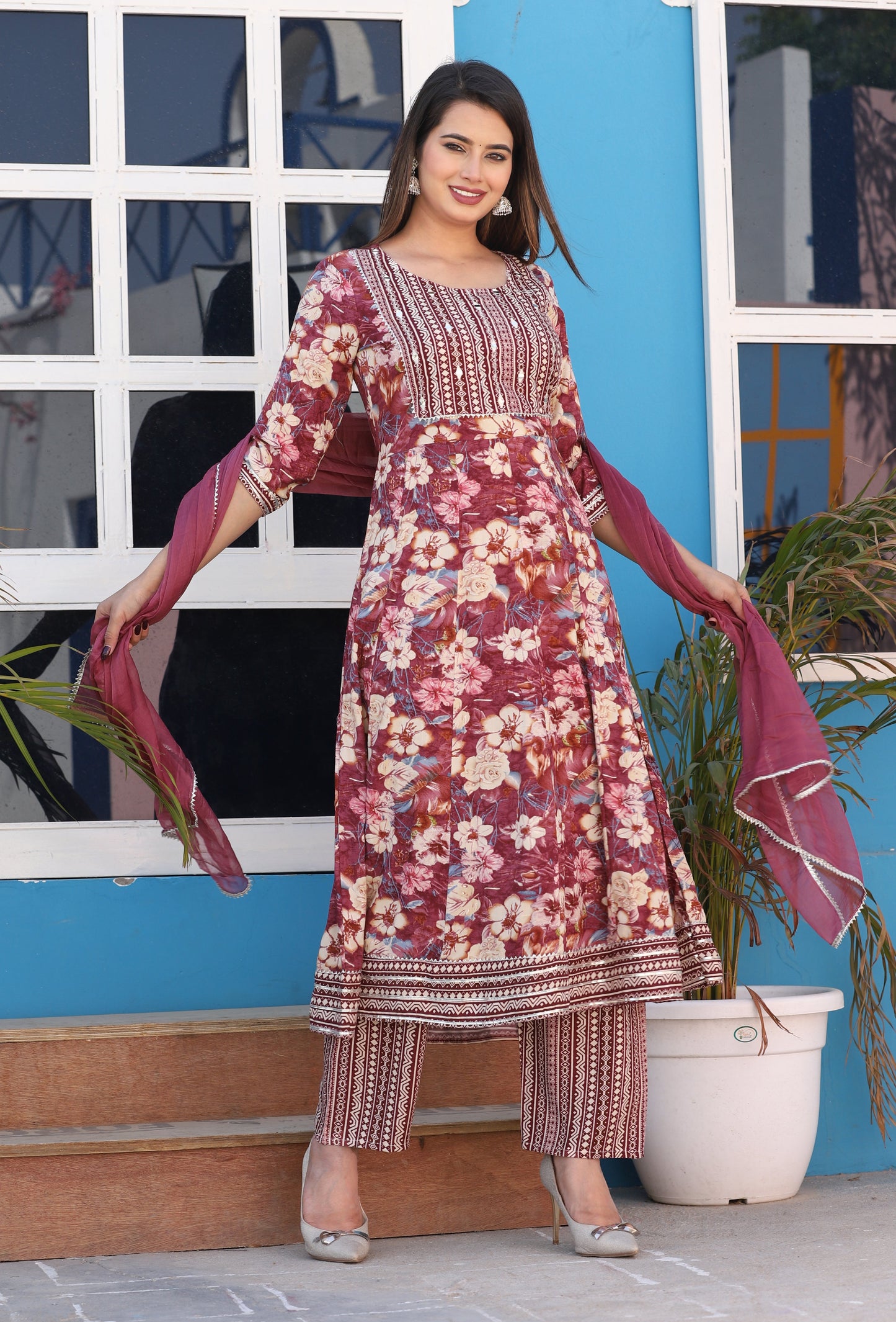 Brown Anarkali Rayon Printd Embroiderd Kurta With Pant And Dupatta