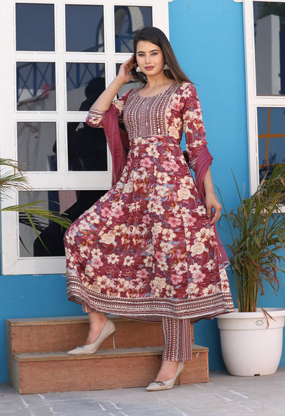 Brown Anarkali Rayon Printd Embroiderd Kurta With Pant And Dupatta